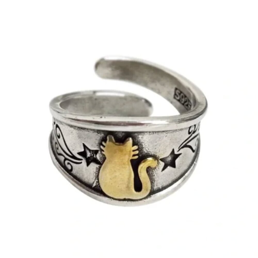 Anthropologie Sterling Silver and Gold Antique Cat Ring